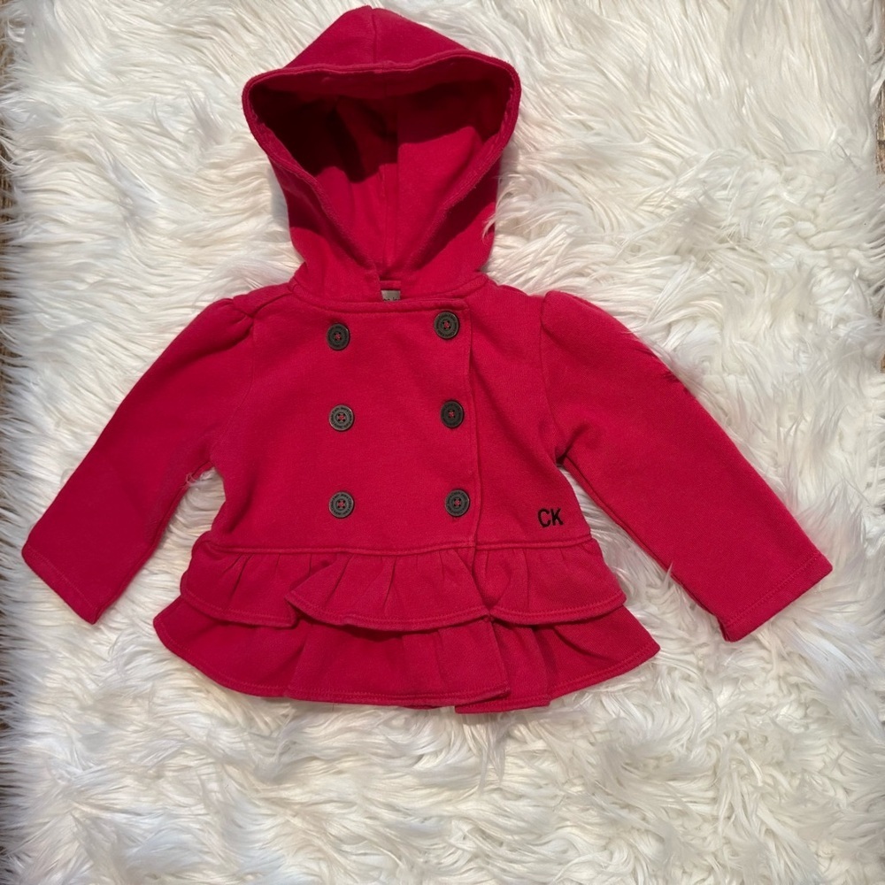 Calvin Klein Baby Girls Pinkโ Fleece Lined Hooded Peacoat Jacket 12M Ruffle Hem